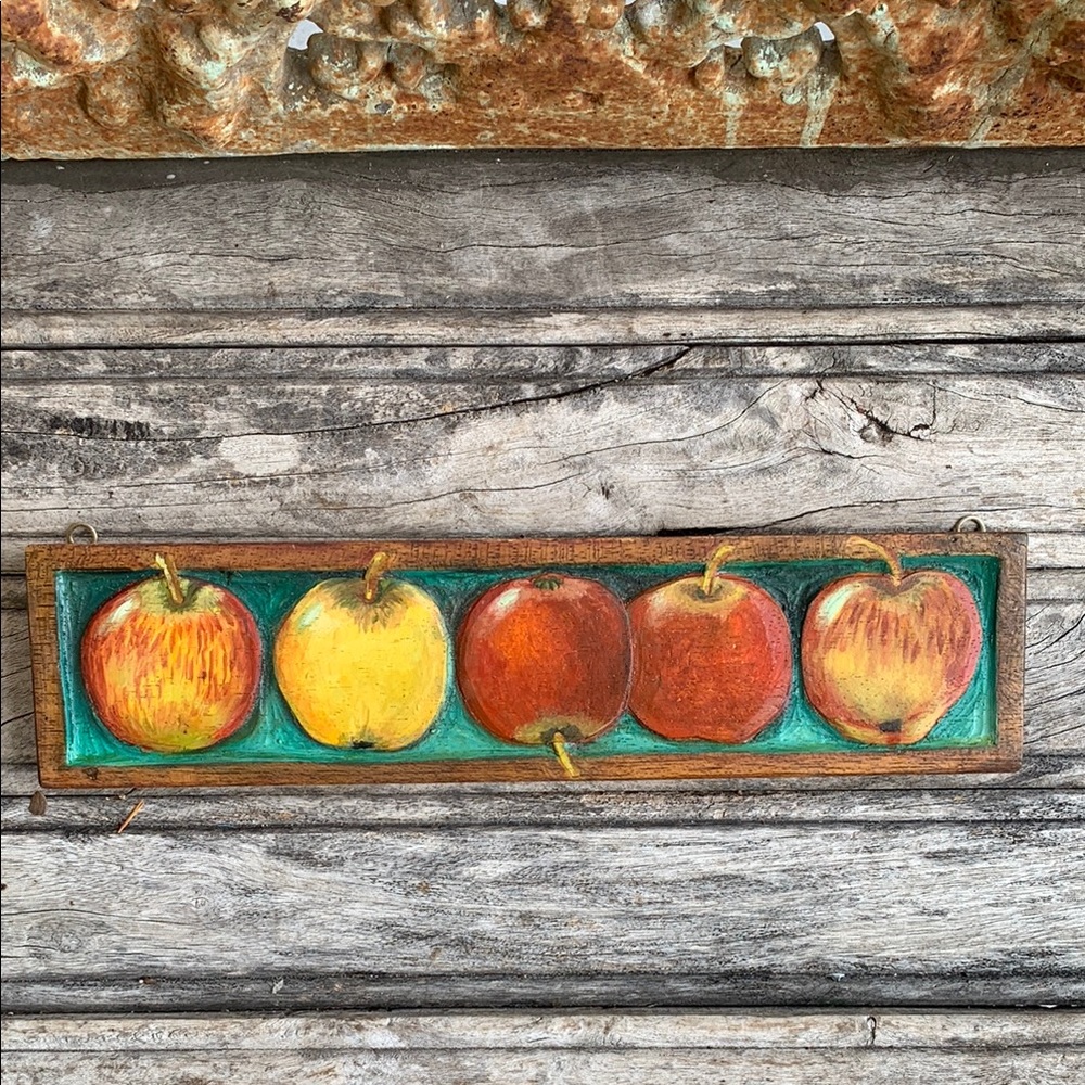 Vintage Carved Wooden Painted Apple Wall Art - Picture 10 of 12